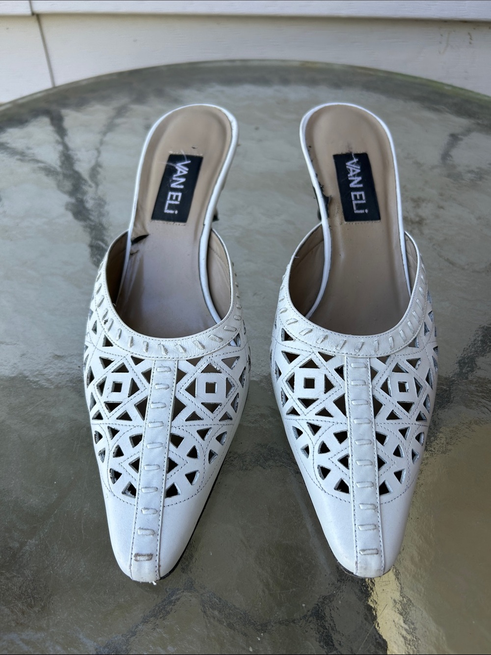 Vaneli White Laser-Cut Pointed Mule Slides 10